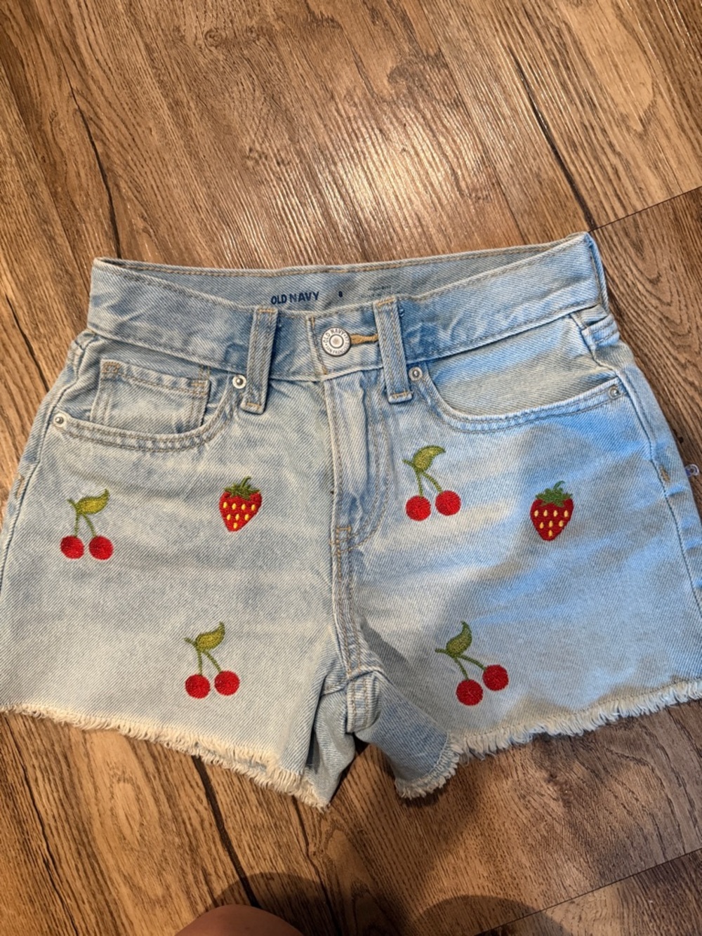 Old Navy Light Blue Denim Shorts with Cherry & Strawberry Embroidery